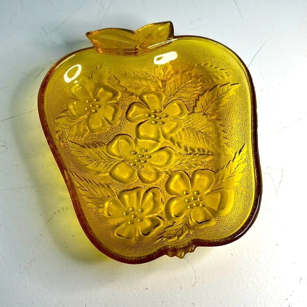 Amber Apple Shape Texture dish Early American Press Glass Hazel Atlas 1970